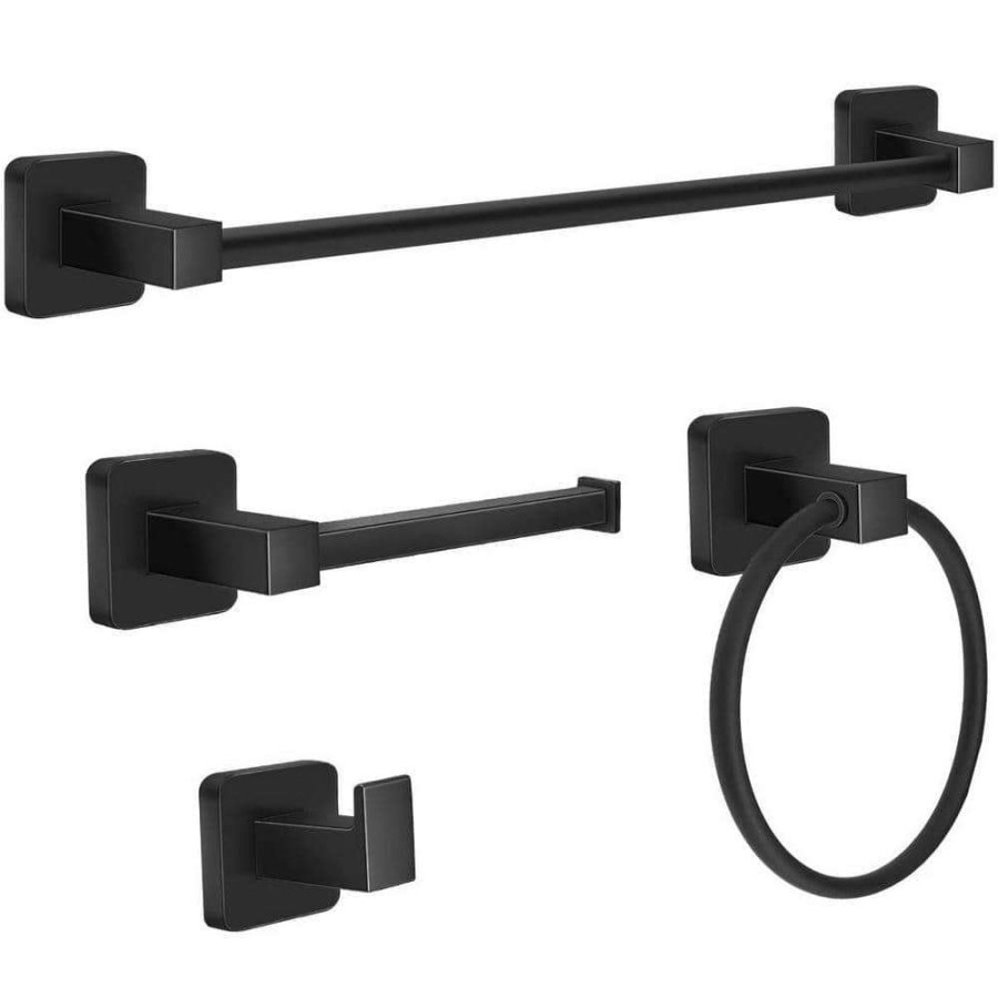 Bathroom Hardware *  | Acehoom 4-Piece Bath Hardware Set With 17 In. Towel Bar Towel Ring Toilet Paper Holder And Towel Hook In Matte Black