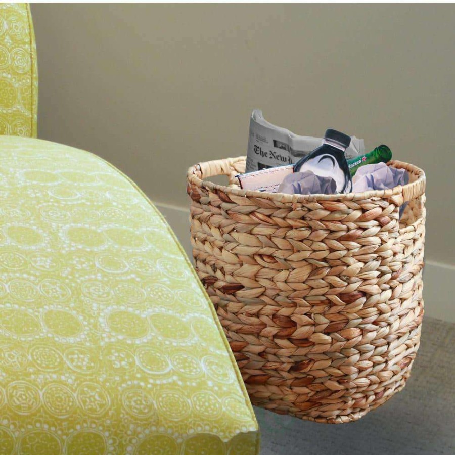 Bathroom Decor *  | Vintiquewise Water Hyacinth Large Round Wicker Wastebasket With Cutout Handles