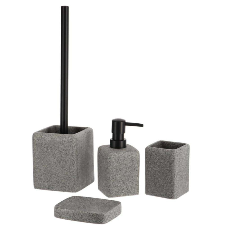 Bathroom Decor *  | Unbranded 4-Pieces Bath Accessory Set With Soap Pump, Tumbler, Soap Dish And Toilet Brush Holder In Grey Granite Polyresin