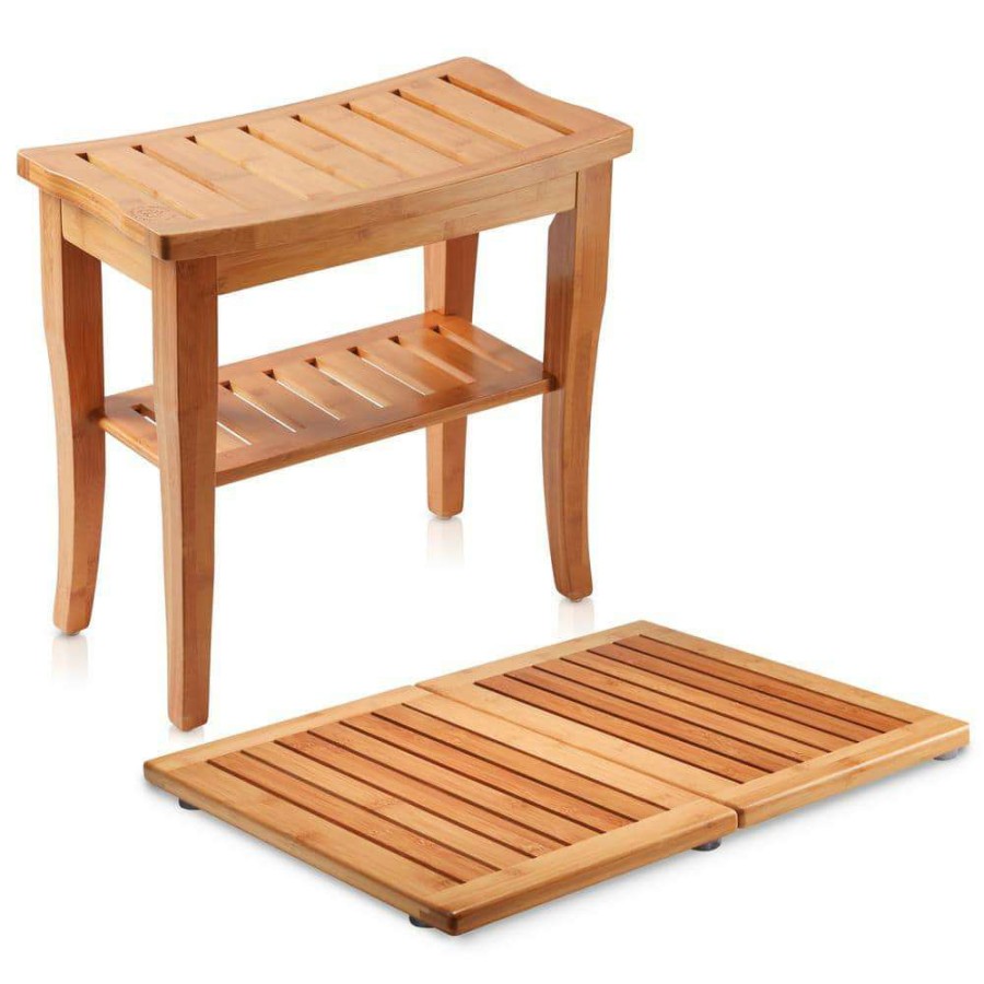 Bathroom Decor *  | Bambusi Bamboo Shower Seat Bench With Bathroom Floor Mat For Indoor And Outdoor Decor