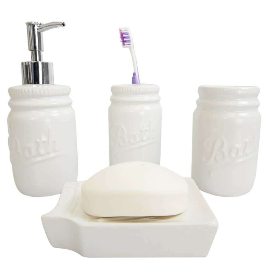 Bathroom Decor *  | Unbranded Dolomite Mason Jar 4-Piece Bath Accessory Set In White