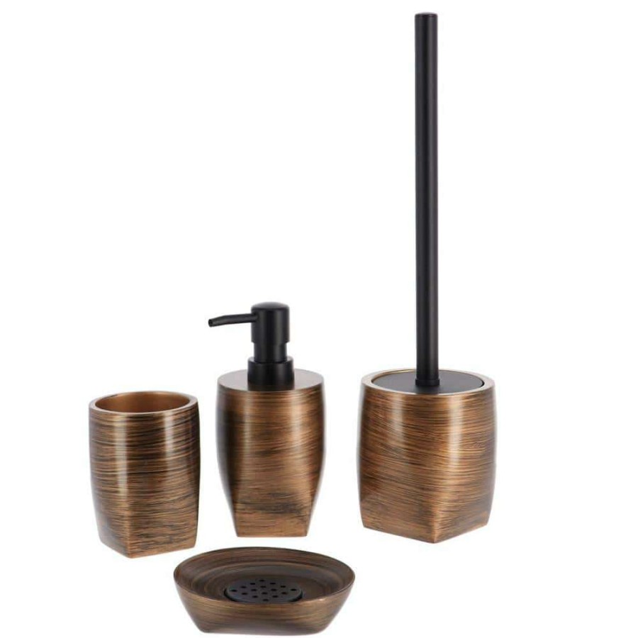 Bathroom Decor *  | Unbranded 4-Pieces Bath Accessory Set With Soap Pump, Tumbler, Soap Dish And Toilet Brush Holder In Gold Polyresin Wenge