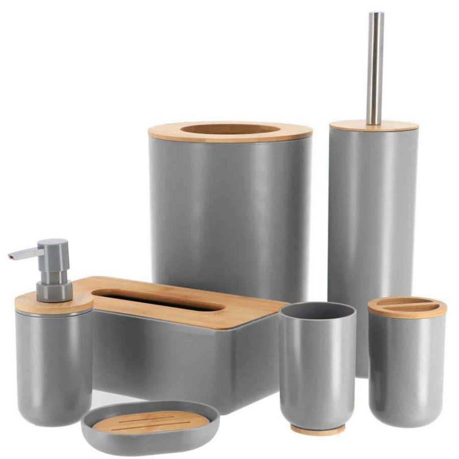 Bathroom Decor *  | Unbranded Padang 7-Pieces Bath Accessory Set With Soap Pump, Tumbler, Soap Dish And Toilet Brush Holder In Pvc Grey And Bamboo