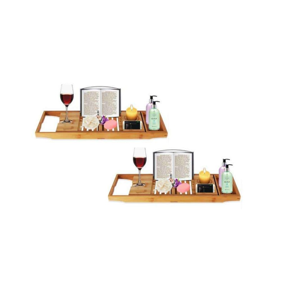 Bathroom Organizers *  | Serenelife Luxury Bamboo Bathtub Caddy Tray Organizer W/Wine Holder (2 Pack)