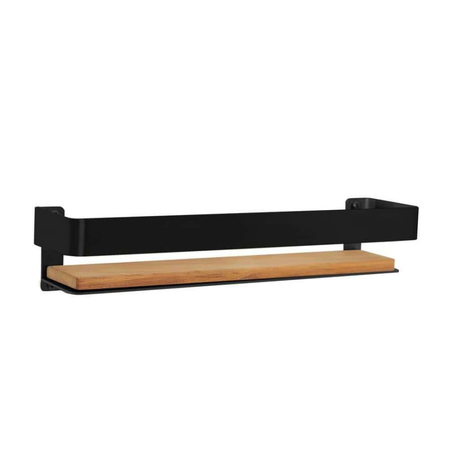 Bathtub Accessories *  | Seachrome 18 In. X 4 In. Rectangular Shower Shelf With Rail In Matte Black And Natural Teak Wood Insert