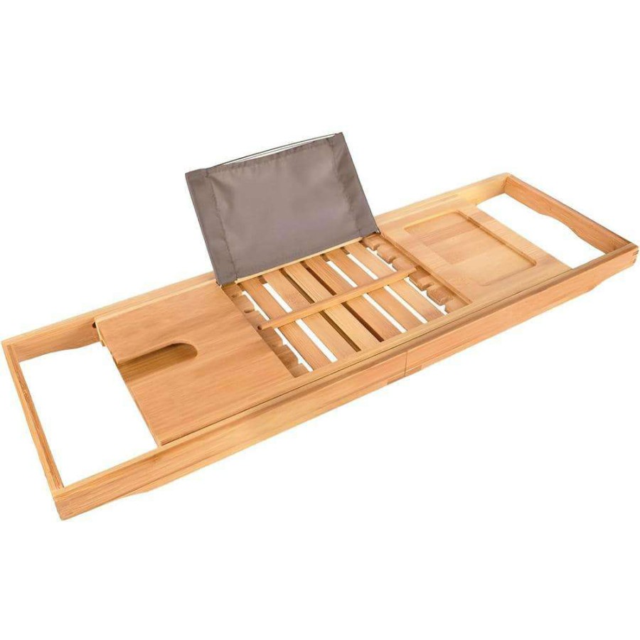 Bathroom Organizers *  | Unbranded Extendable Bamboo Bathtub Caddy Tray With Adjustable Book Reading Rack And Wine Holder