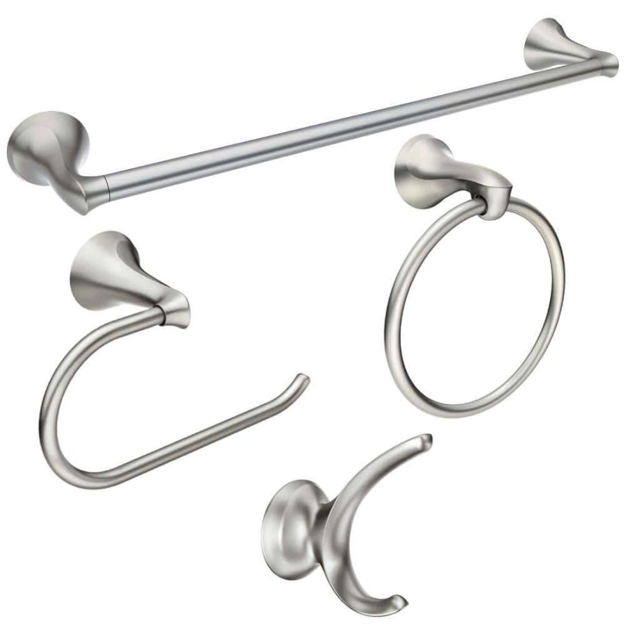 Bathroom Hardware *  | Moen Darcy 4-Piece Press And Mark Bath Set With 24 In. Towel Bar, Towel Ring, Paper Holder And Robe Hook In Brushed Nickel