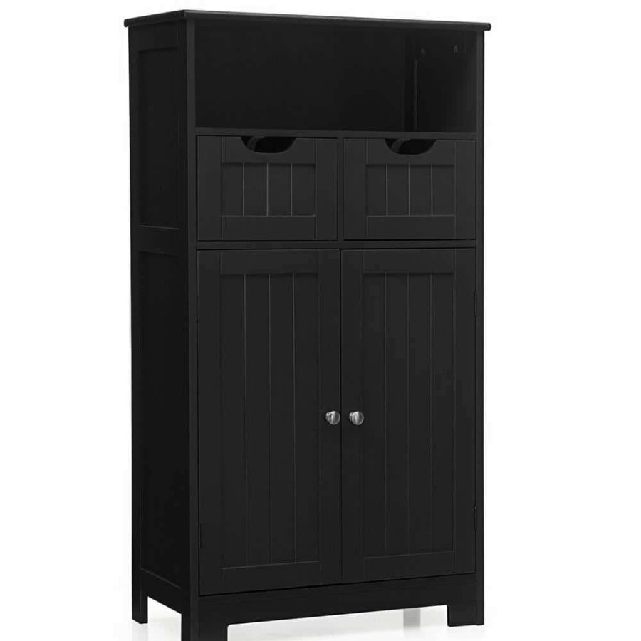 Bathroom Organizers *  | Gymax Bathroom Floor Cabinet Wooden Storage Organizer With Drawer Doors Black