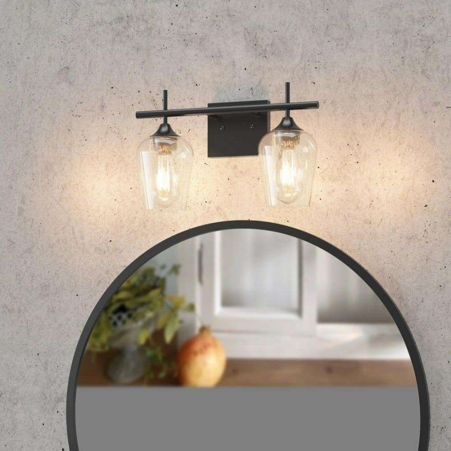 Bathroom Organizers *  | Clavie Hanging Bathroom Light Fixtures 2-Light 16 In. W X 9 In. H Wall Sconces With Clear Glass Shade Vanity Light In Black