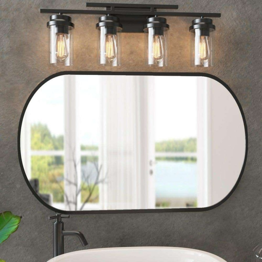 Bathroom Organizers *  | Clavie Bathroom Light Fixtures 4-Light 26 In. W X 9 In. H Wall Sconces With Clear Glass Shade Vanity Light Fixture In Black