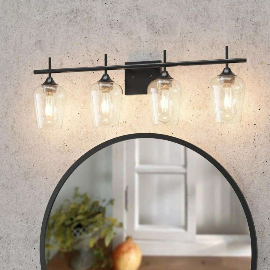 Bathroom Organizers *  | Clavie Hanging Bathroom Light Fixtures 4-Light 30 In. W X 9 In. H Wall Sconces With Clear Glass Shade Vanity Light In Black