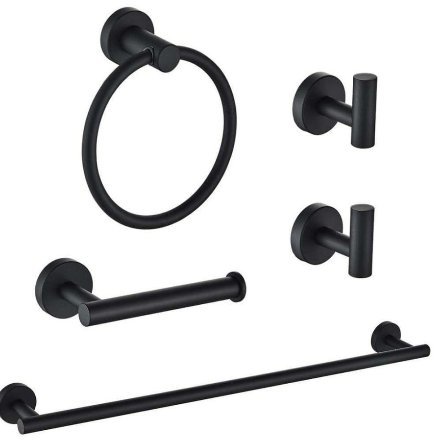 Bathroom Hardware *  | Atking 5-Piece Bath Hardware With Towel Bar Towel Hook Toilet Paper Holder And Towel Ring Set In Matte Black