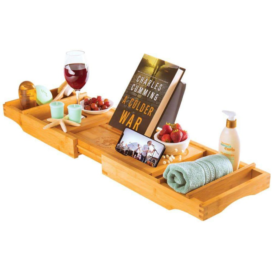 Bathroom Organizers *  | Bambusi Bathtub Caddy Tray With Book And Wine Holder For A Spa Relaxing Bath With Extendable Arms